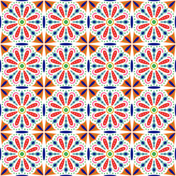 Portuguese, azulejo ceramic tiles design. Hand-drawn vector seamless mosaic mandala pattern