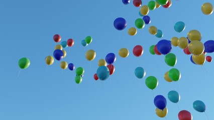 flyaway colorful balloons with blue sky background, 3drendered image