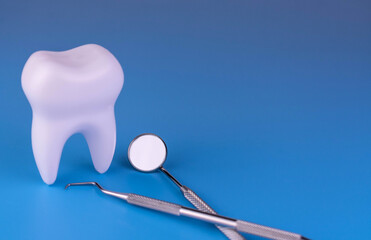 Tooth model and dentist tools on a blue background.Copy space.
