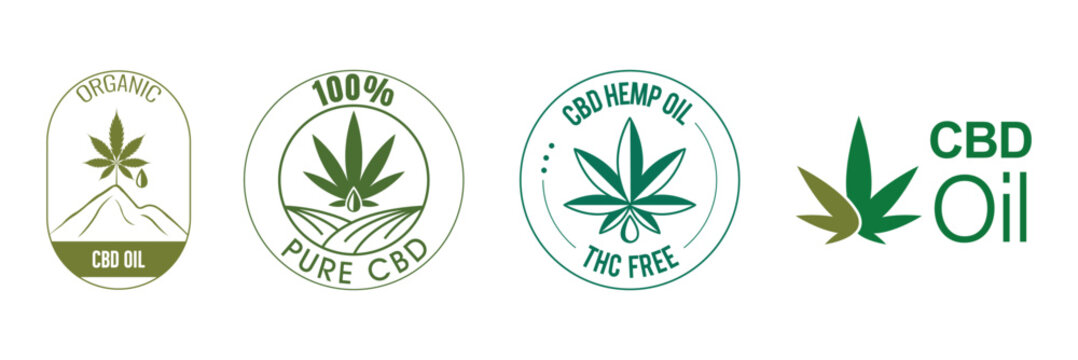 CBD hemp oil, thc free, organic CBD oil, 100% pure CBD icon set vector illustration 