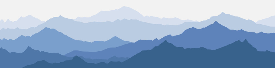 Vector illustration of mountains, ridge in the morning haze, panoramic view.