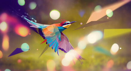 low poly bird with glare and bright glow elements 