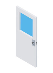 White wooden door with glass and handle isometric vector illustration. Interior room closed entrance or exit 3d modern house indoor design isometric. Doorway frame, front lock, architecture