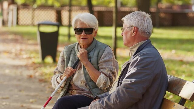 Elderly partially sighted grey-haired woman sitting on a bench in the park chatting with her elderly male friend. High quality 4k footage