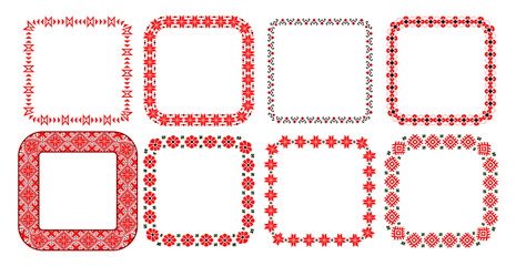 Bulgarian balkan national folklore embroidery style red, green and black ornamental border vector square frame set