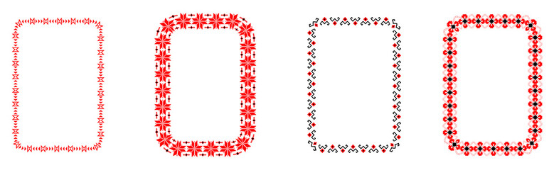 Bulgarian balkan national folklore embroidery style red, green and black ornamental border vector 10 x 15 cm rectangle frame set