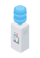 Office water cooler machine with bottle isometric vector illustration. Electronic device clear liquid beverage filtration cool and hot mineral beverage at work public place. Cooling drink dispenser