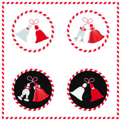 Bulgarian baba marta holiday traditional martenitsa stickers design in red and white colors - obrazy, fototapety, plakaty