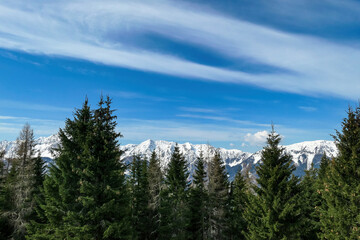 Scenic view of snow capped mountain peaks of Karawanks near Sinacher Gupf in Carinthia, Austria. Mount Wertatscha and Hochstuhl (Stol) is visible through dense forest in early spring. Sunny Rosental
