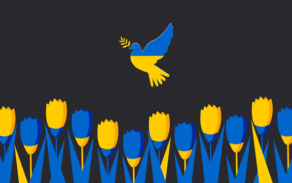 Horizontal poster with a dove of peace on a black background and spring tulips in the national colors of the flag of Ukraine. Peace to Ukraine. 