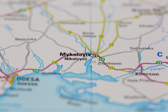 03-03-2022 Portsmouth, Hampshire, UK, Nikolayev or Mykolayiv Ukraine shown on a road map or Geography map