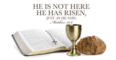 Holy Bible with bread and chalice of wine on white background