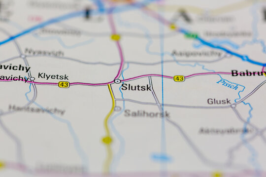 03-03-2022 Portsmouth, Hampshire, UK, Slutsk Ukraine shown on a road map or Geography map