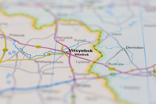 03-03-2022 Portsmouth, Hampshire, UK, Vitsyebsk or Vitebsk Ukraine shown on a road map or Geography map