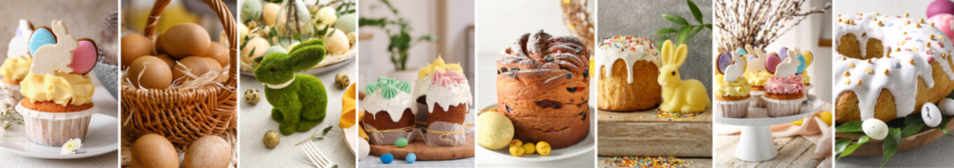 Collage with tasty Easter cakes, cupcakes and eggs with bunnies