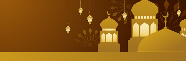 Islamic ramadan kareem banner background with crescent pattern moon star mosque lantern. Vector illustration. Ramadhan gold colorful wide banner design background