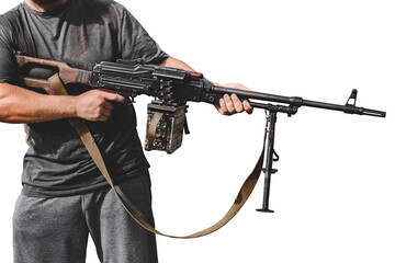 Isolate, a military machine gun in the hands of a man. on a white background.