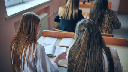 Pupils of the 11th grade in the class at the desks during the lesson. Russian school.