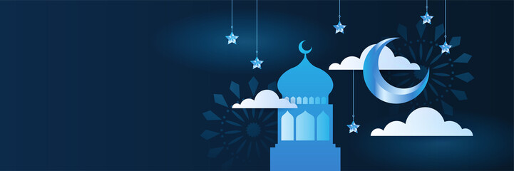 Islamic ramadan kareem banner background with crescent pattern moon star mosque lantern. Vector illustration. Ramadhan blue colorful wide banner design background
