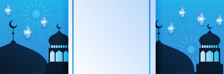 Islamic ramadan kareem banner background with crescent pattern moon star mosque lantern. Vector illustration. Ramadhan blue colorful wide banner design background