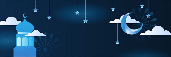 Islamic ramadan kareem banner background with crescent pattern moon star mosque lantern. Vector illustration. Ramadhan blue colorful wide banner design background