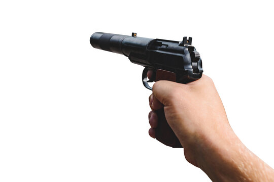 Isolate, a combat pistol with a silencer in the hand of a man. On a white background.