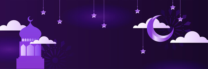 Islamic ramadan kareem banner background with crescent pattern moon star mosque lantern. Vector illustration. Ramadhan colorful wide banner design background