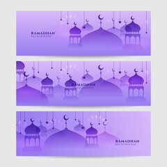 Islamic ramadan kareem banner background with crescent pattern moon star mosque lantern. Vector illustration. Ramadhan colorful wide banner design background