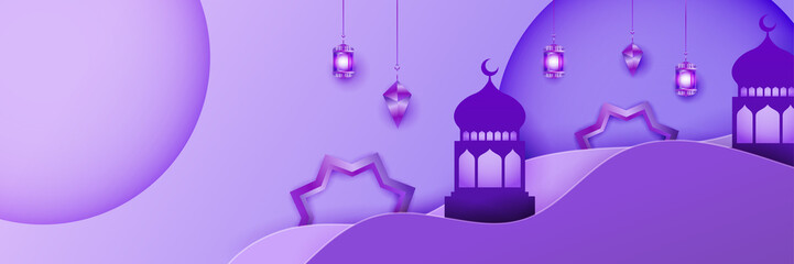 Islamic ramadan kareem banner background with crescent pattern moon star mosque lantern. Vector illustration. Ramadhan colorful wide banner design background
