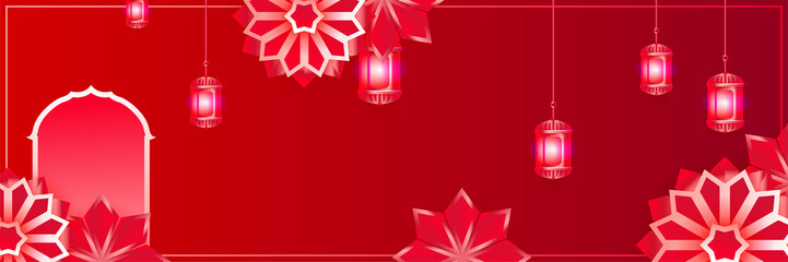 Islamic ramadan kareem banner background with crescent pattern moon star mosque lantern. Vector illustration. Ramadhan colorful wide banner design background