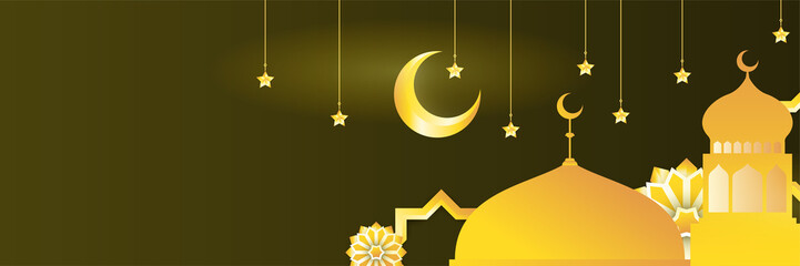 Islamic ramadan kareem banner background with crescent pattern moon star mosque lantern. Vector illustration. Ramadhan colorful wide banner design background