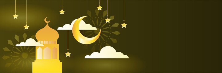 Islamic ramadan kareem banner background with crescent pattern moon star mosque lantern. Vector illustration. Ramadhan colorful wide banner design background