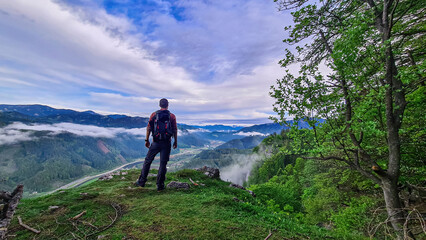 Man admiring the scenic view from below mount Roethelstein near Mixnitz in Styria, Austria....