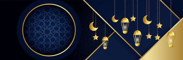 Islamic ramadan kareem banner background with crescent pattern moon star mosque lantern. Vector illustration. Ramadhan lantern dark blue gold colorful wide banner design background