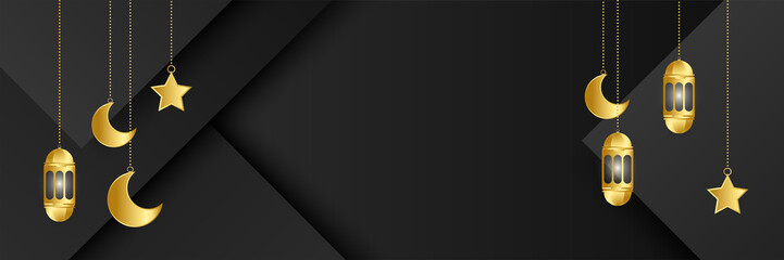 Islamic ramadan kareem banner background with crescent pattern moon star mosque lantern. Vector illustration. Premium Ramadhan black and gold colorful wide banner design background © Salman