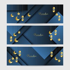 Fototapeta na wymiar Set of Premium Ramadhan blue colorful wide banner design background