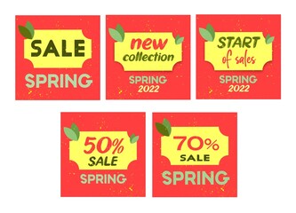 Red banner of discounts and sales, new collection. The background is a template for a discount. 50%, 70,start of sales, spring, summer. Online and offline purchases.