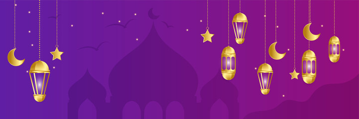 Ramadhan lantern purple gold colorful wide banner design background