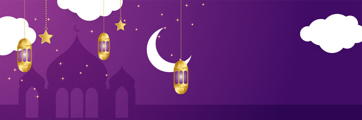 Ramadhan lantern purple gold colorful wide banner design background
