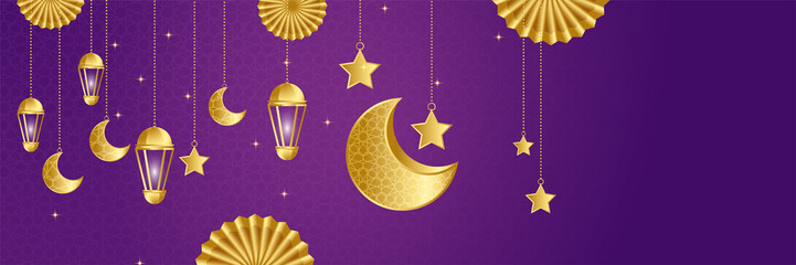 Ramadhan lantern purple gold colorful wide banner design background