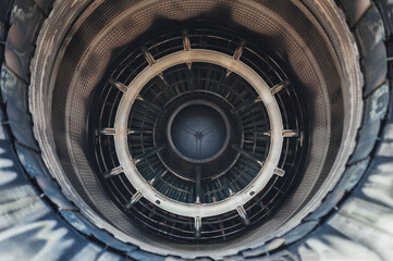 Close up, F16 air force plane jet engine aerospace manufacturing.
