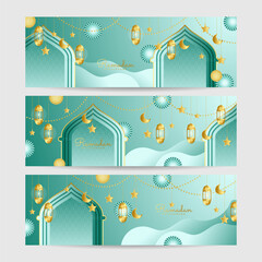 Set of Ramadhan white green colorful wide banner design background