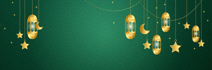 Ramadhan lantern green gold colorful wide banner design background