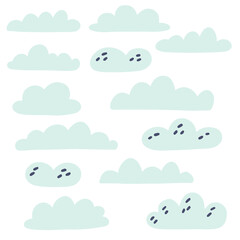 Set blue clouds doodle illustration Hand drawn nursery baby scandinavian style, kids clipart naive art