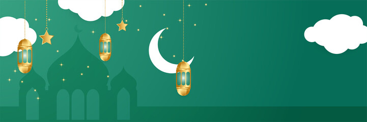Premium Ramadhan green and gold colorful wide banner design background