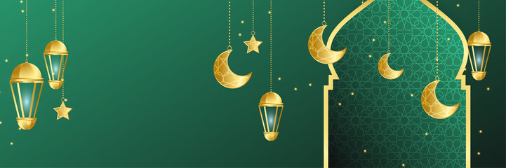 Premium Ramadhan green and gold colorful wide banner design background