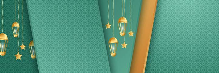 Ramadhan lantern green gold colorful wide banner design background
