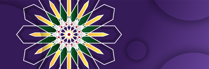 Ramadhan pattern purple colorful wide banner design background. Islamic ramadan kareem banner background with crescent pattern moon star mosque lantern. Vector illustration.