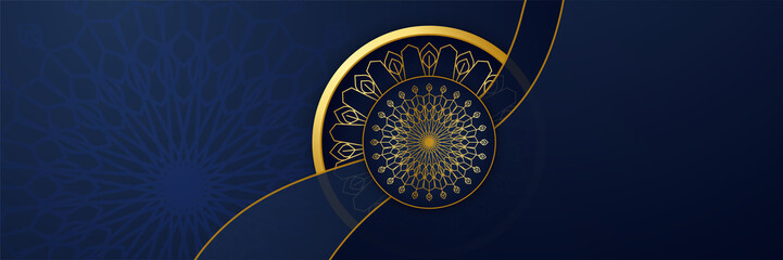 Ramadhan blue colorful wide banner design background. Islamic ramadan kareem banner background with crescent pattern moon star mosque lantern. Vector illustration.
