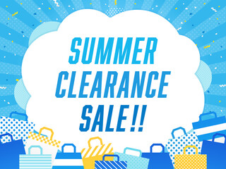 夏セール　広告テンプレート　ショッピングバッグ&times;紙吹雪&times;集中線の水色フレーム（横向き）